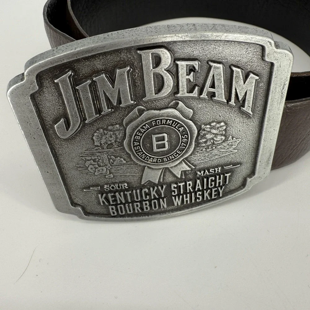 Jim Beam Belt Mens 34 Brown Large Metal Buckle Whiskey Bourbon Advertising Strap